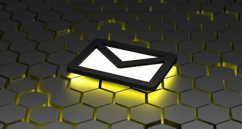 Envelope with a glowing neon message. Envelope yellow neon design. 3D render Stock Illustration