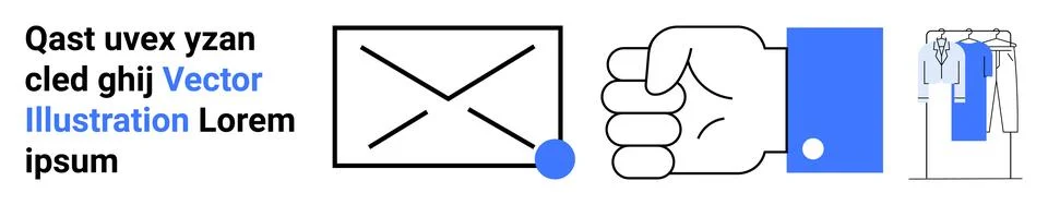 Envelope graphic with notification dot, hand performing a gesture, and hangin イラスト素材