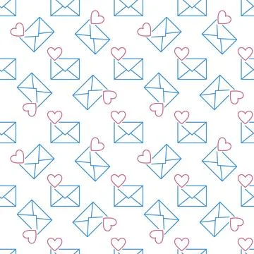 Envelope with Heart vector line seamless pattern or background Illustrazione stock