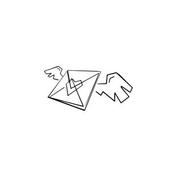 Envelope, heart, wings one line vector illustration art hand draw . Stock Illustration