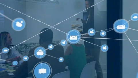 Envelope icon appearing, network growing glass, presenter holding docs, team Stock Footage 332901716