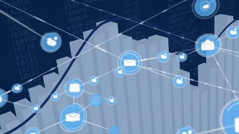 Envelope icon initiating connector lines, spawning nodes over finance chart, Stock Footage 331789755