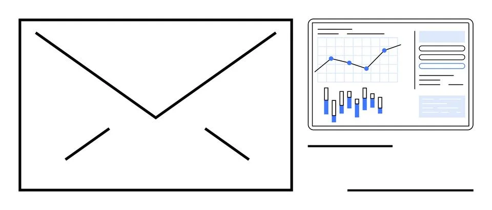 Envelope icon next to analytics dashboard featuring charts and graphs. Ideal  イラスト素材