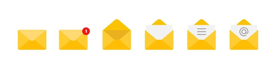 Envelope icon set. Closed, open and new message envelopes with notification.. Stock Illustration