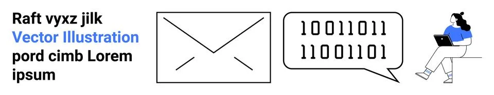 Envelope icon, speech bubble with binary code, woman with a laptop. Ideal for Stock Illustration