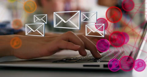 Envelope icons and globe of digital icons against mid section of  person using Stock Footage 140367336