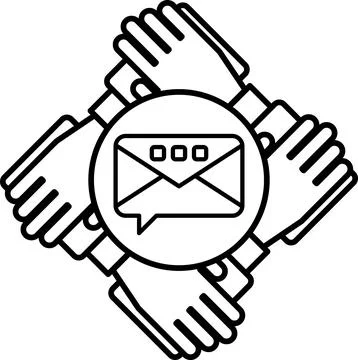 The envelope is labeled "mail" and the hands are labeled "friends" Stockillustratie