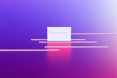 An envelope with a letter on an abstract background of lines and spheres. 3D  Ilustração Stock