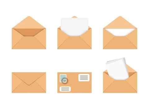 Envelope with letter icons set in flat style. Email document vector illustr.. Stock Illustration