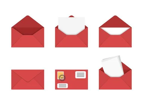 Envelope with letter icons set in flat style. Email document vector illustr.. Stock Illustration