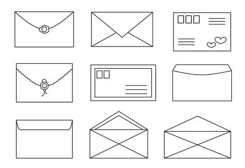 Envelope line outline contour with post card set Stock Illustration