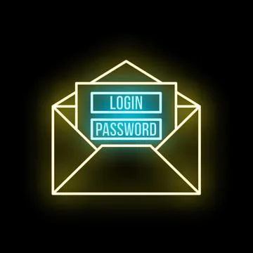 Envelope with login password fields as a glowing neon sign 스톡 일러스트