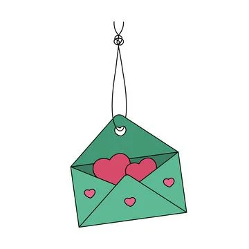 An envelope with a love message hangs on a thread with a knot. Stock Illustration