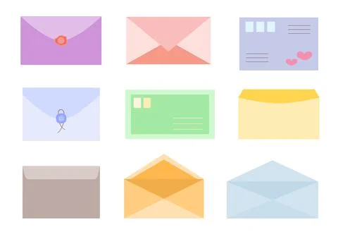 Envelope mail and post card set with post stamps Illustrazione stock