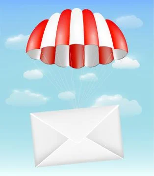 Envelope mail with parachute on sky background Stock Illustration