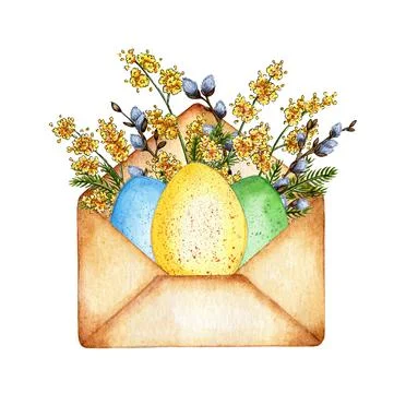 Envelope with mimosa willow and eggs watercolor Stock Illustration
