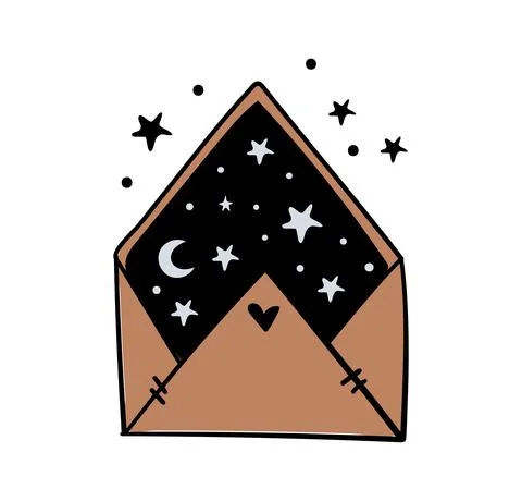 Envelope with night sky, moon and stars inside, colored illustration, magic s Stock Illustration