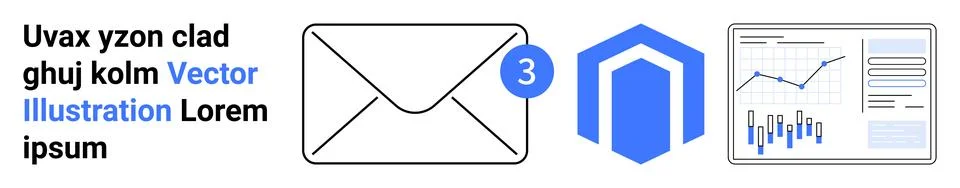 Envelope with notification badge, geometric shield logo, and analytical dashb Stock Illustration