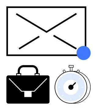 Envelope with notification dot, stopwatch, briefcase emphasizing urgent work- Illustrazione stock