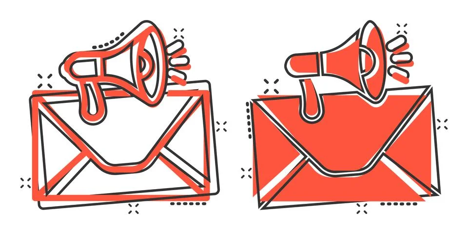 Envelope notification icon in comic style. Email with speaker cartoon vector  Illustrazione stock