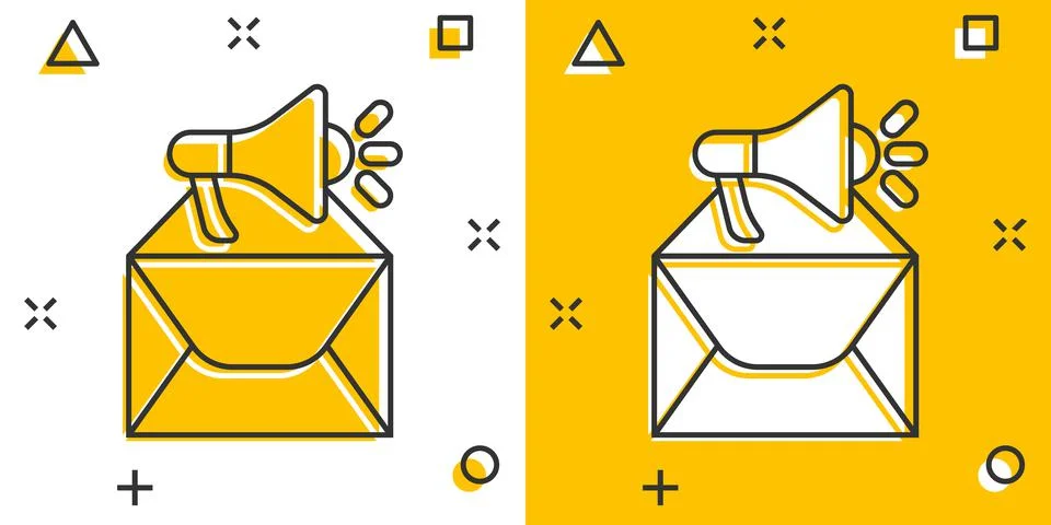 Envelope notification icon in comic style. Email with speaker cartoon vector  Illustrazione stock