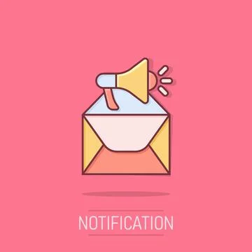 Envelope notification icon in comic style. Email with speaker cartoon vecto.. Illustrazione stock