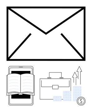 Envelope, open book on tablet, briefcase, ascending arrows, currency coin, an Stock Illustration
