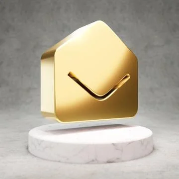 Envelope Open icon. Shiny golden Envelope Open symbol on white marble podium. Stock Illustration