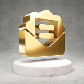 Envelope Open Text icon. Shiny golden Envelope Open Text symbol on white marb Stock Illustration
