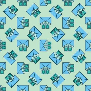 Envelope with Pair of Dollar Banknotes vector colored seamless pattern Stock Illustration