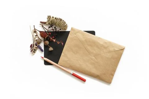 Envelope pencil and sheet of paper decorated with autumn flowers composition Stock Photos