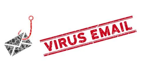Envelope Phishing Hook Mosaic and Grunge Virus Email Stamp with Lines 스톡 일러스트