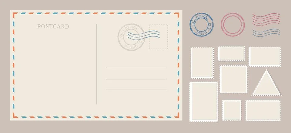 Envelope Postcard Template with Different Types Mail Stamp and Paper Mark Set Stock Illustration