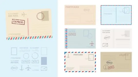 Envelope postcard template set. Stylish card greeting stamps postal services  Stock Illustration