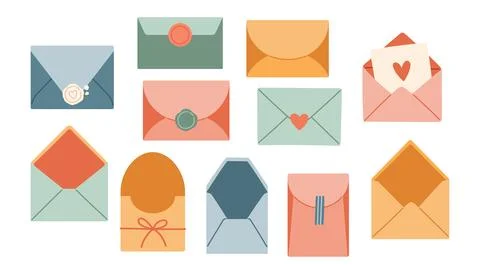 Envelope set. Isolated hand drawn envelopes. Spring modern collection. Vector Stock Illustration