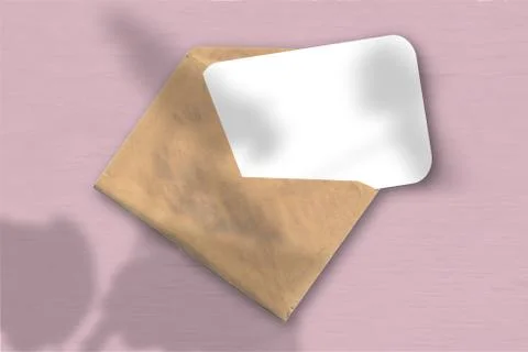 An envelope with a sheet of textured white paper on the pink background. Mock Illustrazione stock