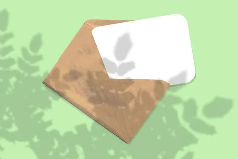 An envelope with sheet of textured white paper on green table background. Mockup Stock Illustration