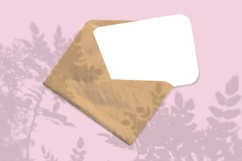 An envelope with sheet of textured white paper on pink table background. Mockup Stock Illustration