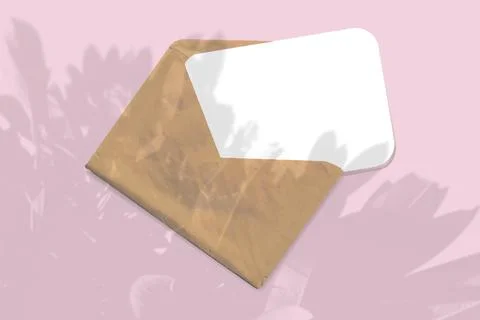 An envelope with sheet of textured white paper on pink table background. Mockup Stock Illustration