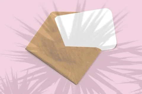 An envelope with sheet of textured white paper on pink table background. Mockup Stock Illustration