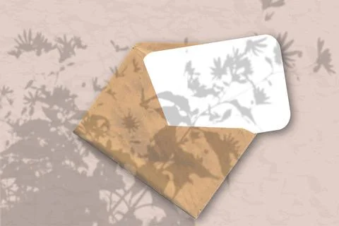 An envelope with a sheet of white textured paper on a pastel pink wall Stock Illustration