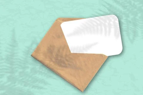 Envelope with a sheet of white textured paper against a blue green wall. Mockup Stock Illustration