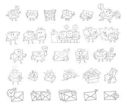Envelope sketch big set hand-drawn character. Mailing subscription. Handwritten Stock Illustration