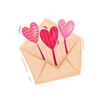Envelope with small balloons in shape of hearts. Romantic mail. Flat vector Illustrazione stock