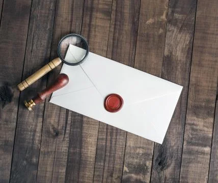 Envelope, stamp, magnifier Stock Photos