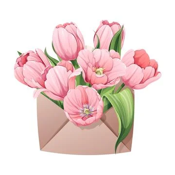 Envelope with tulips on an isolated background. Spring floral illustration... Stock Illustration