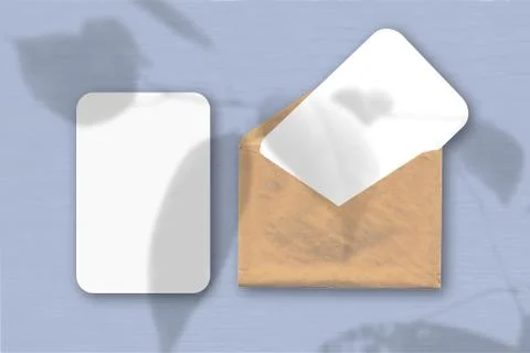 An envelope with two sheets of textured white paper on a blue table backgroun Stock Illustration