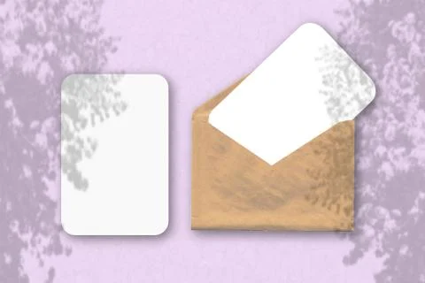 An envelope with two sheets of textured white paper on a pink table backgroun Stock Illustration