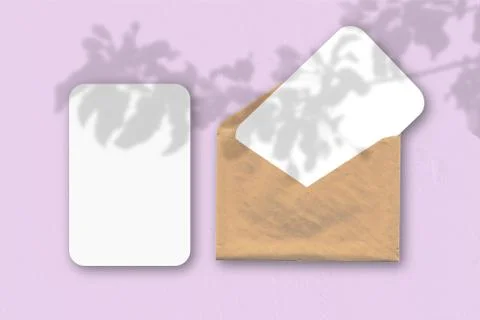 An envelope with two sheets of textured white paper on a pink table backgroun Stock Illustration