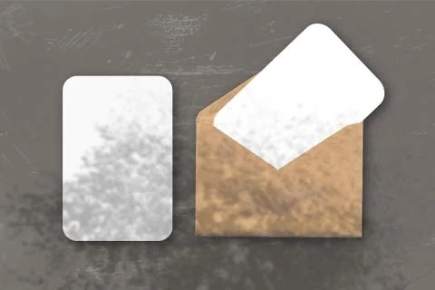 An envelope with two sheets of textured white paper on a grey table backgroun Stock Illustration